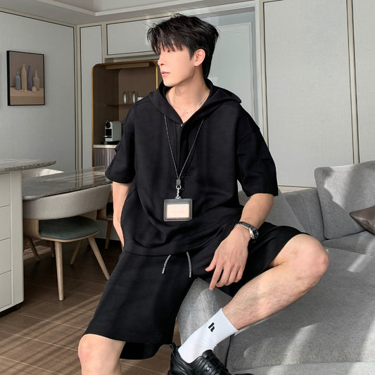 Sporty Short Sleeve Hooded T-Shirt & Short Pants Setup WN20449