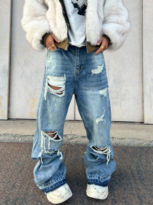 Damage Washed Flare Denim Jeans WN24128