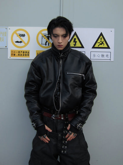Stand Neck Zipper Panel PU Leather Jacket WN27450