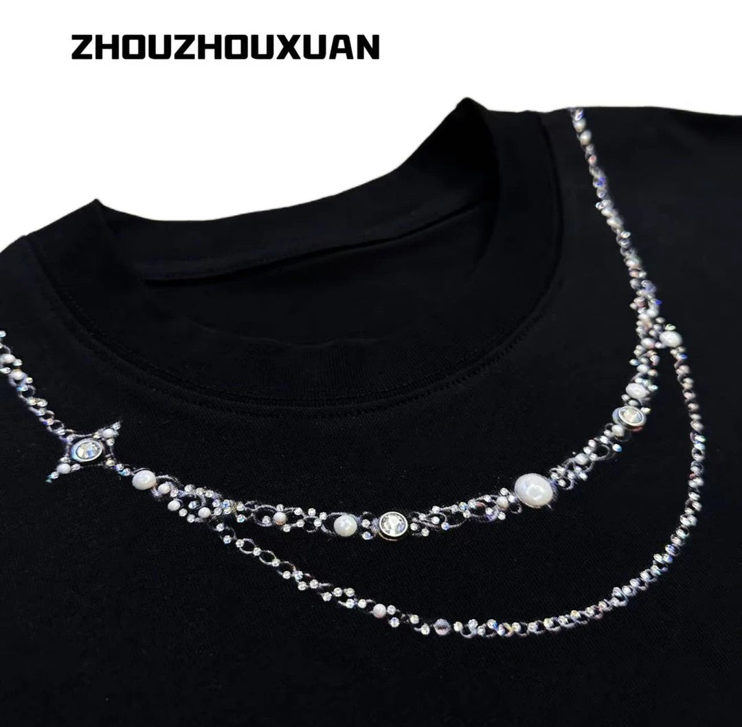 Rhinestone Pearl Necklace Print Short Sleeve T-Shirt WN20702