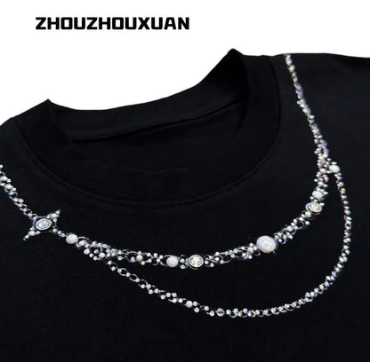 Rhinestone Pearl Necklace Print Short Sleeve T-Shirt WN20702
