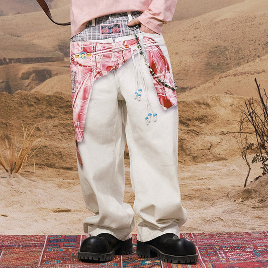 Mix Patchwork Print Wide Leg Denim Jeans WN23201