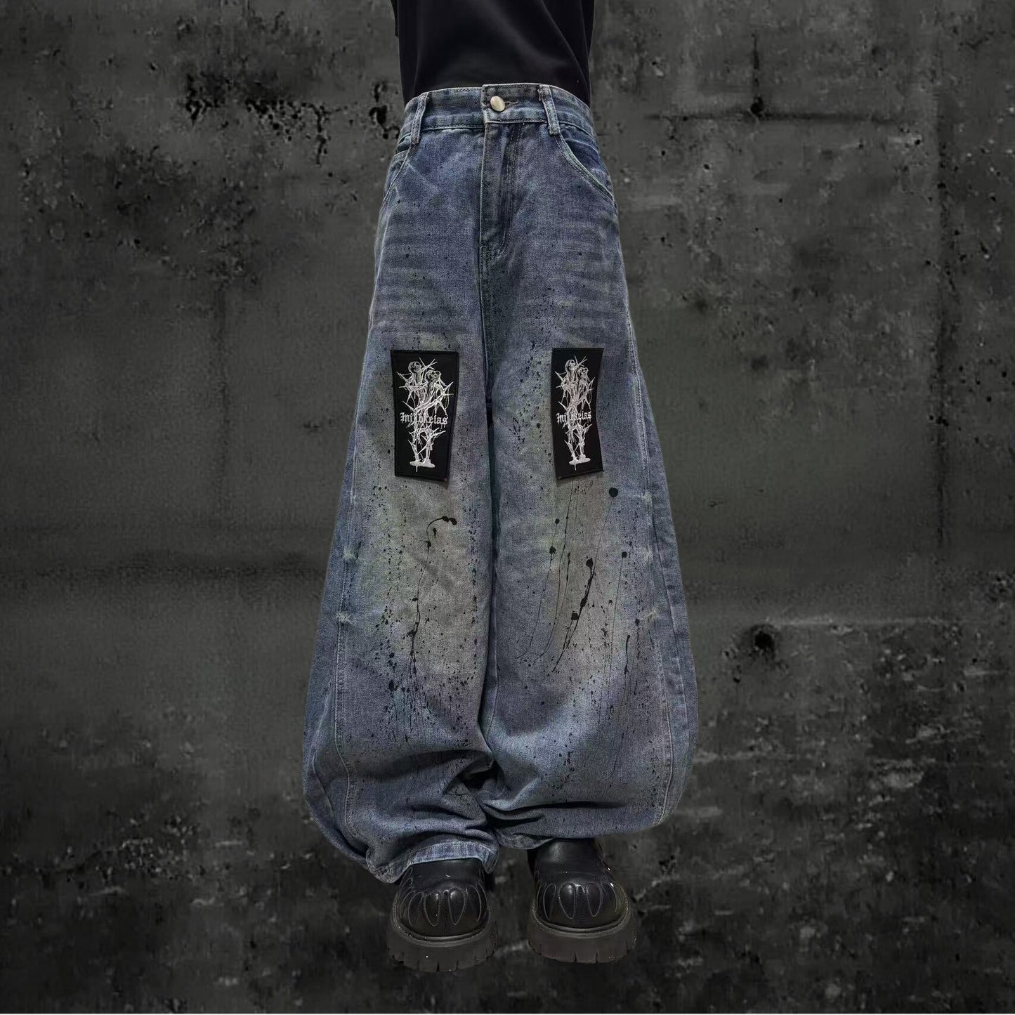 Paint Wash Damage Wide Leg Denim Jeans & Skull Belt & Belt Chain WN23803