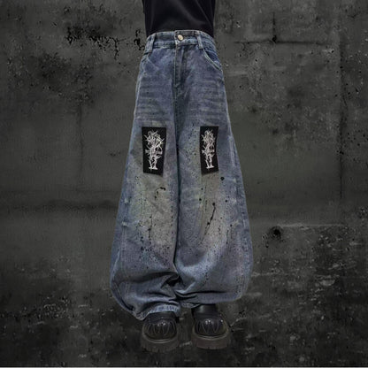Paint Wash Damage Wide Leg Denim Jeans & Skull Belt & Belt Chain WN23803