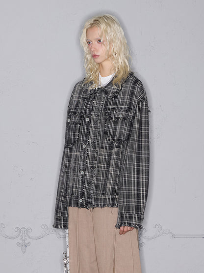 Washed Tassel Raw Edge Plaid Denim Jacket WN17851