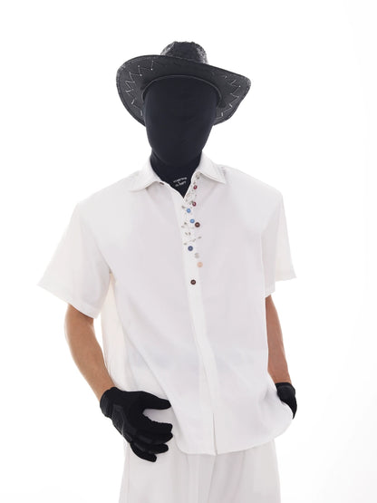 Double Collar Pin Decor Shoulder-Pad Short Sleeve Shirt & Ttrousers Setup WN18621