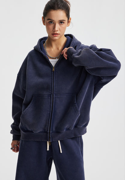 Fleece Lining Zip-Up Wax Dye Zipper Hoodie WN23111