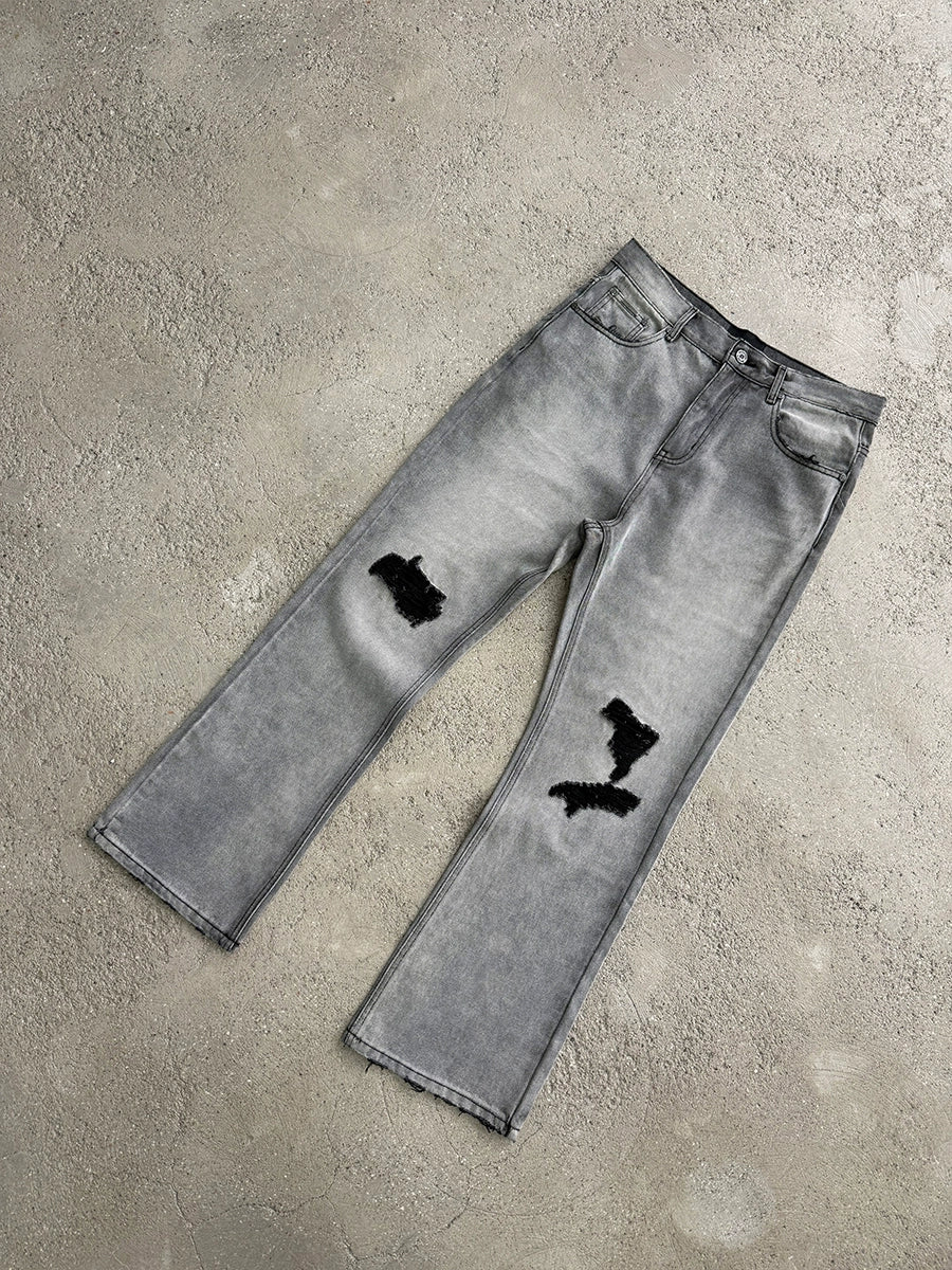 Washed Damage Micro Flare Design Denim Jeans WN17651