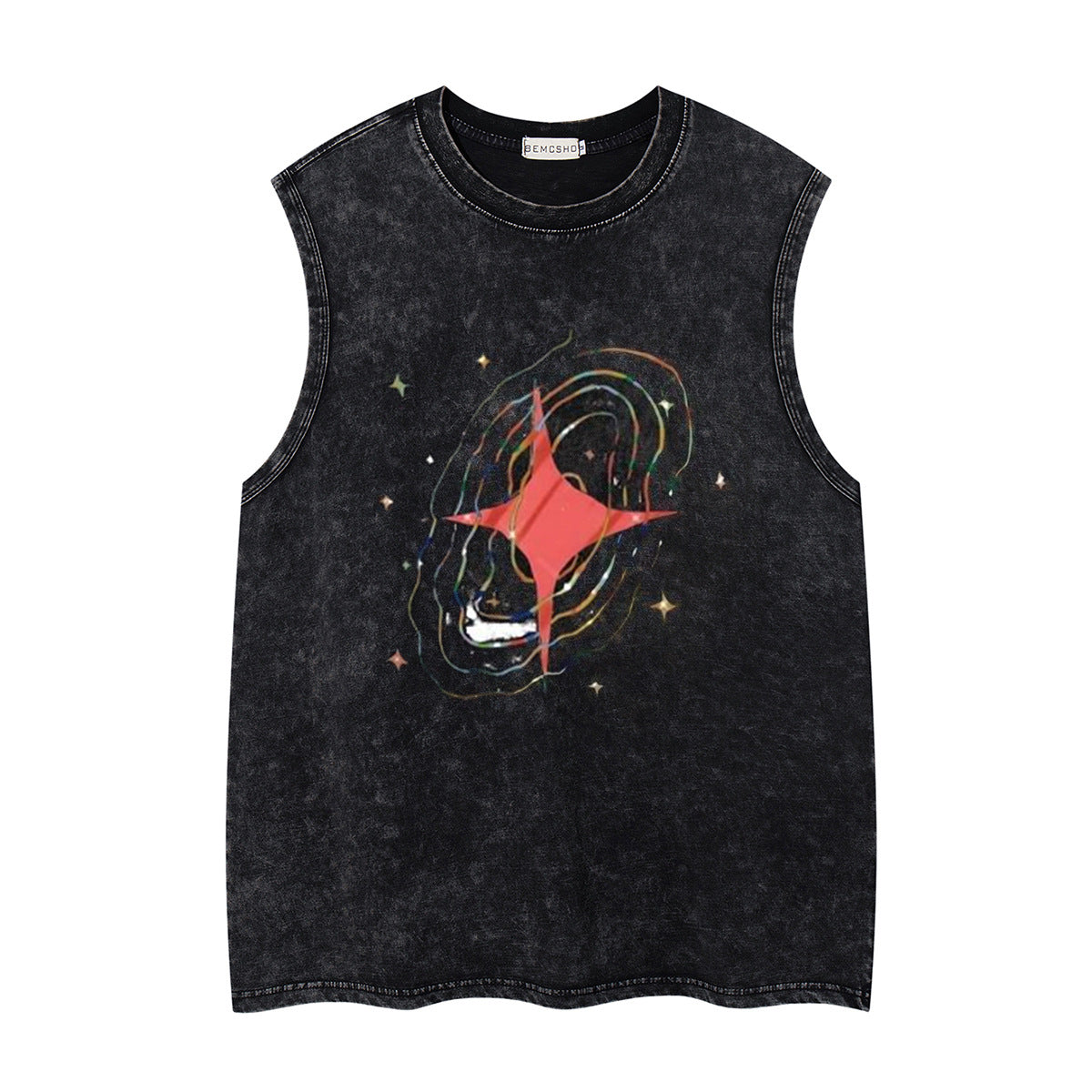 Washed Four-Point Star Print Oversize Sleeveless T-Shirt WN26932