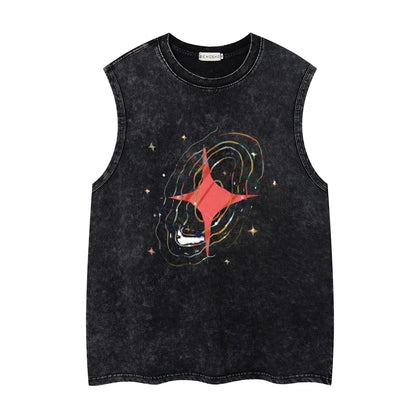 Washed Four-Point Star Print Oversize Sleeveless T-Shirt WN26932