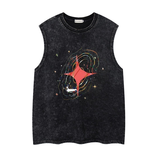 Washed Four-Point Star Print Oversize Sleeveless T-Shirt WN26932