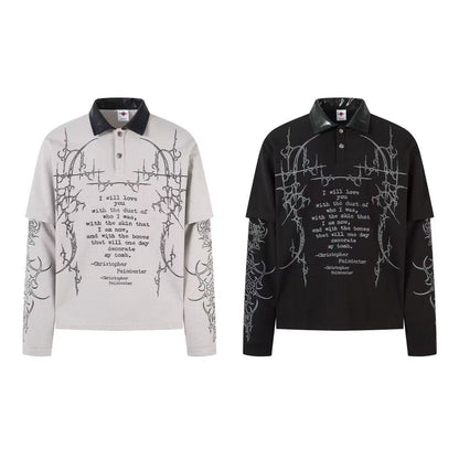 Graffiti Print Fake Layered Waffle Long Sleeve T-Shirt WN25925