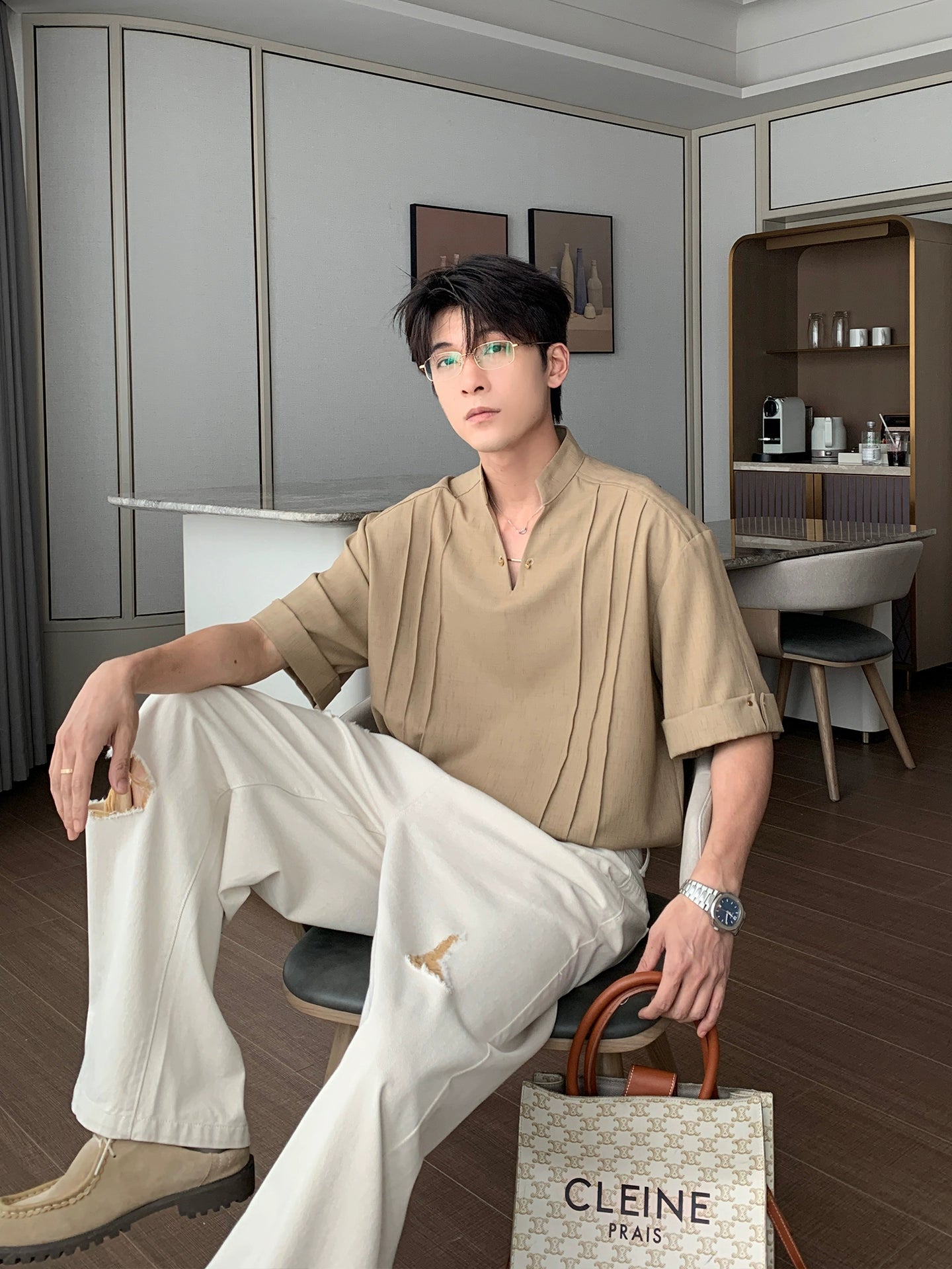 Standing Collar V-Neck Oversize Short Sleeve Polo Shirt WN20453