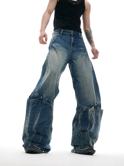 Heavy Wash Crack Patchwork Design Wide Leg Denim Jeans WN18409
