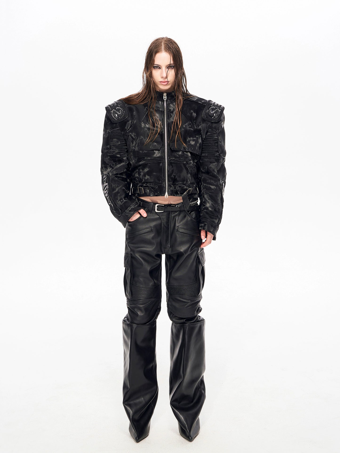 Embroidery Logo Stand Neck PU Leather Jacket WN22153