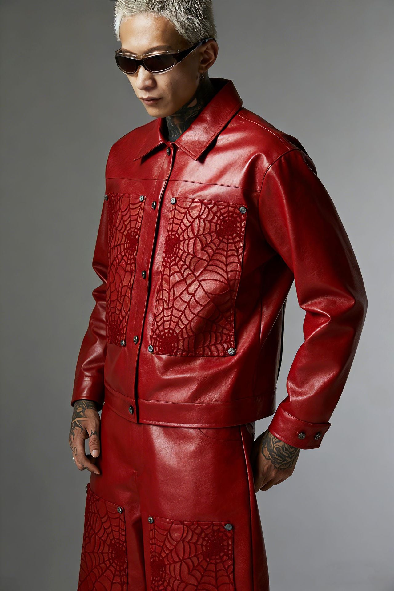 Snap-Button Emboss PU Leather Jacket &PU Leather Wide Leg Pants Setup WN23095-K