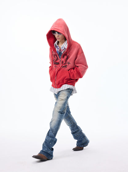 Washed Number Graphic Print Zipper Hoodie WN27261