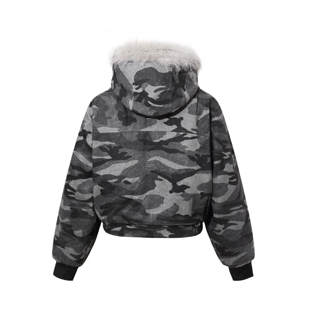 Camouflage Fake Fur Collar Multi-Zipper Short Puffer Jacket WN27891