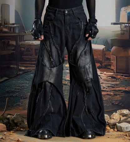 Washed Ribbon Splicing Denim Jacket & Flare Cargo Denim Jeans Setup WN21338