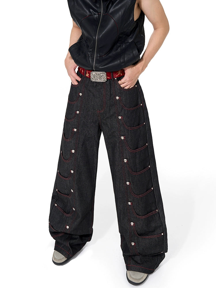 Multi-Pocket Metal Detail Wide Leg Denim Jeans WN20500