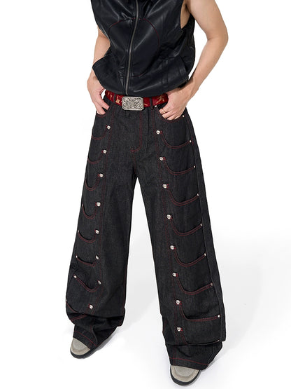 Multi-Pocket Metal Detail Wide Leg Denim Jeans WN20500