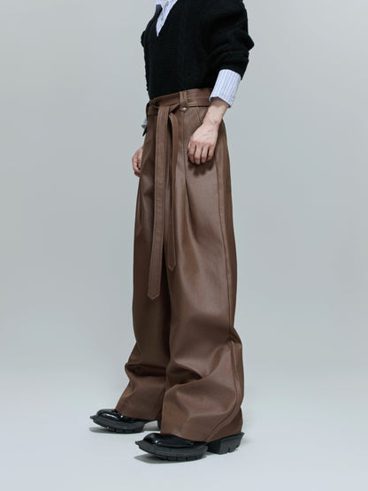 Glossy Pleated Straight Belted Trousers WN21701