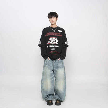 Graphic Paint Print Fake Layered Oversize Long Sleeve T-Shirt WN24420