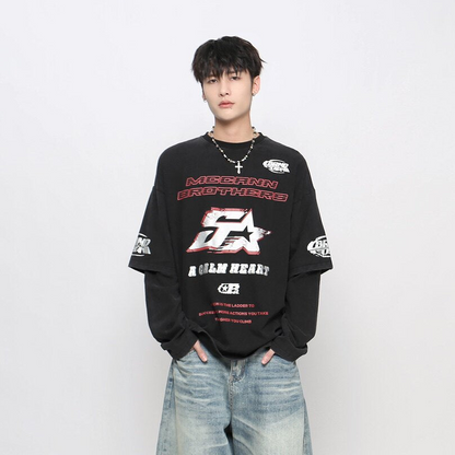 Graphic Paint Print Fake Layered Oversize Long Sleeve T-Shirt WN24420