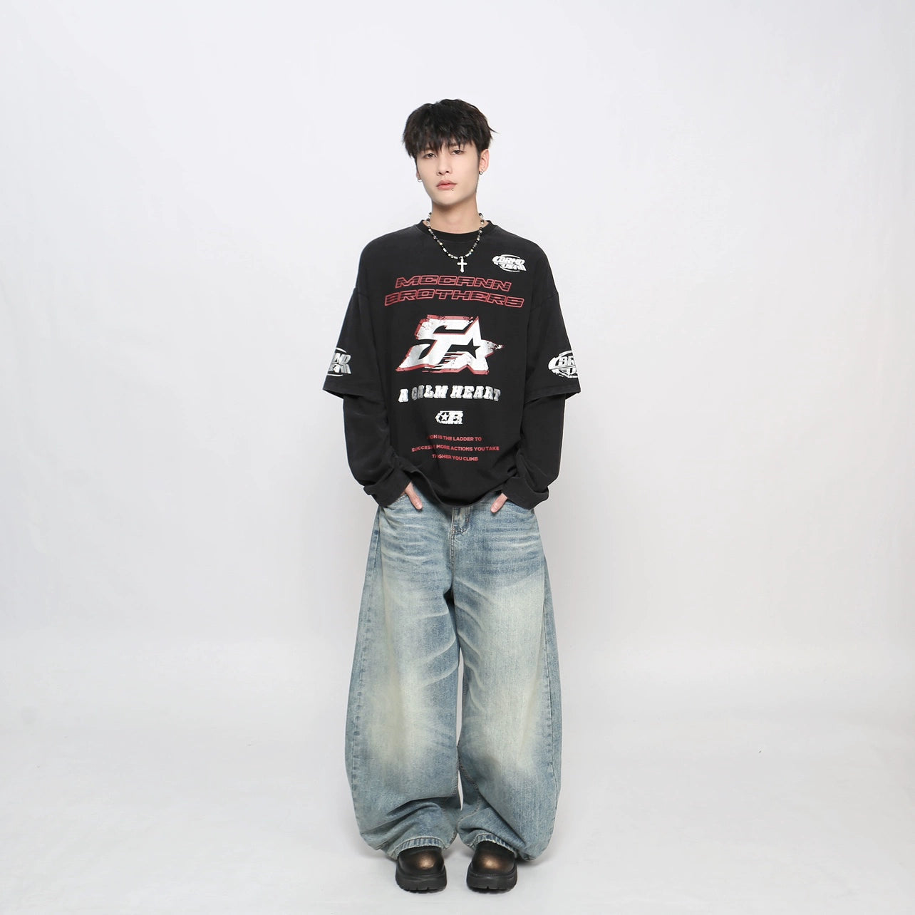 Spray Letter Print Fake Layered Long Sleeve T-Shirt WN21048