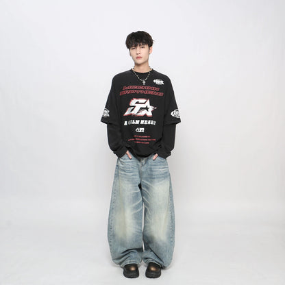 Spray Letter Print Fake Layered Long Sleeve T-Shirt WN21048