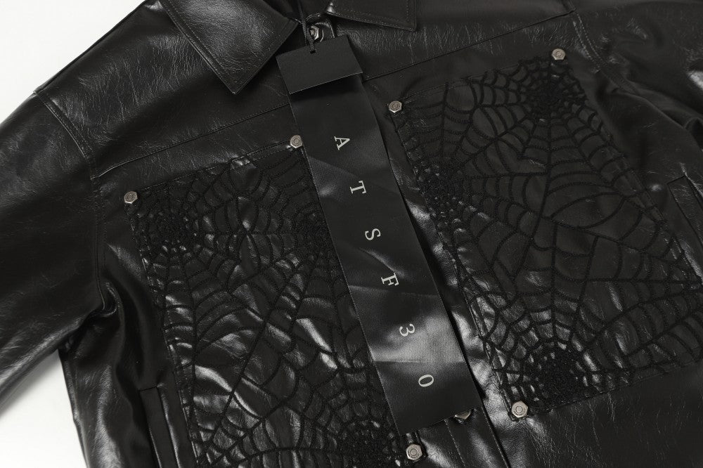 Shoulder-Pad Spider Web PU Leather Jacket Wide Leg Pants Setup WN27913