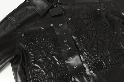 Shoulder-Pad Spider Web PU Leather Jacket Wide Leg Pants Setup WN27913