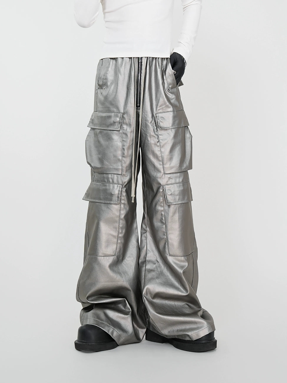 Matte Silver Waxed Coating Wide Leg Cargo Denim Jeans WN17431