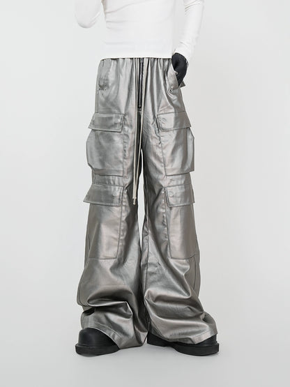 Matte Silver Waxed Coating Wide Leg Cargo Denim Jeans WN17431