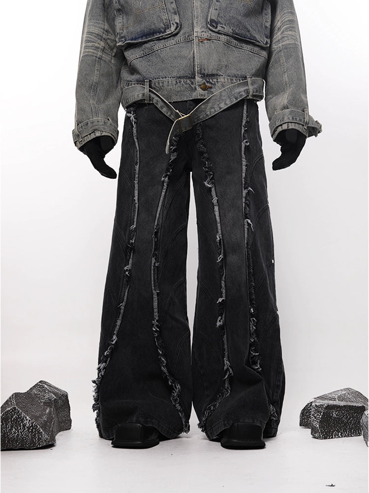 Washed Gradient Fringe Raw Edge Denim Jeans WN18715