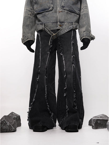 Washed Gradient Fringe Raw Edge Denim Jeans WN18715