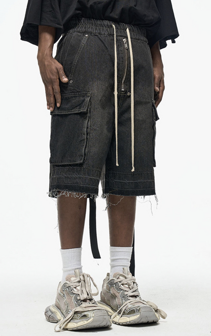 Zipper Drawstring Raw Edge Cargo Short Pants WN24337