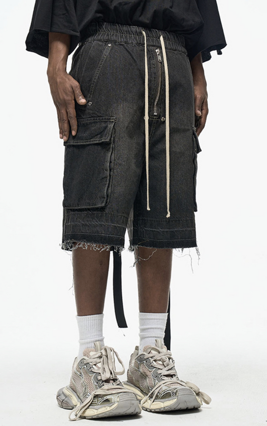 Zipper Drawstring Raw Edge Cargo Short Pants WN24337