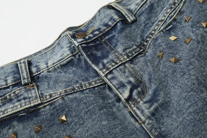 Washed Studs Panel Cropped Denim Half Jeans WN25766