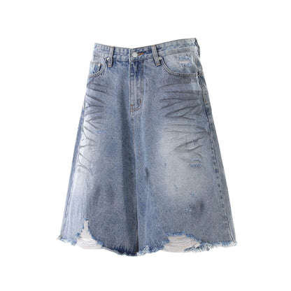Whisker Washed Wide Leg Denim Half Jeans WN25946
