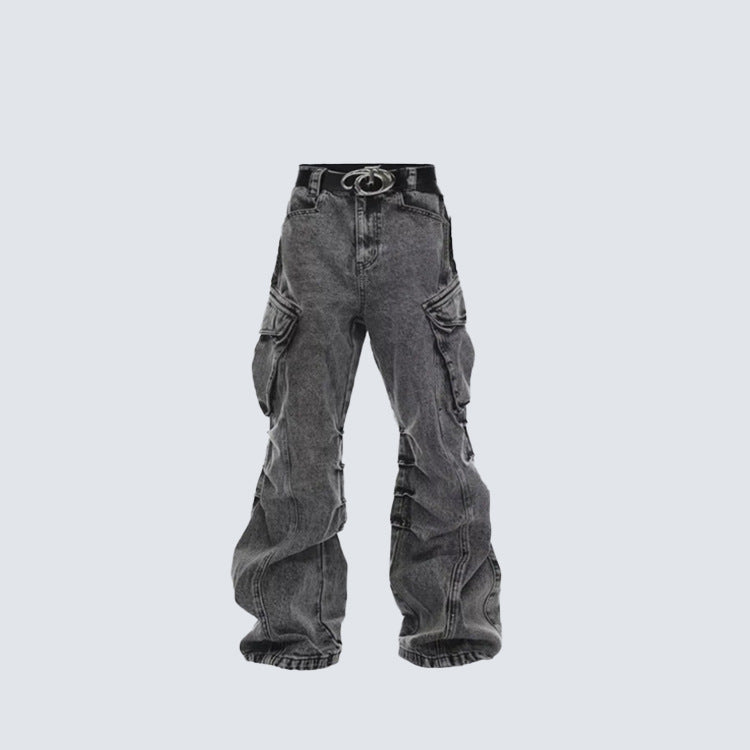 Washed Stacked Wide Leg Cargo Denim Jeans WN27943