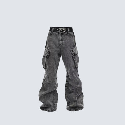 Washed Stacked Wide Leg Cargo Denim Jeans WN27943