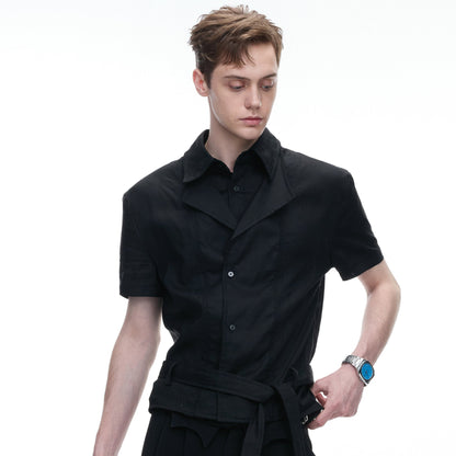 Fake Layered Embroidery Linen Waist-Tie Short Sleeve Shirt WN27030