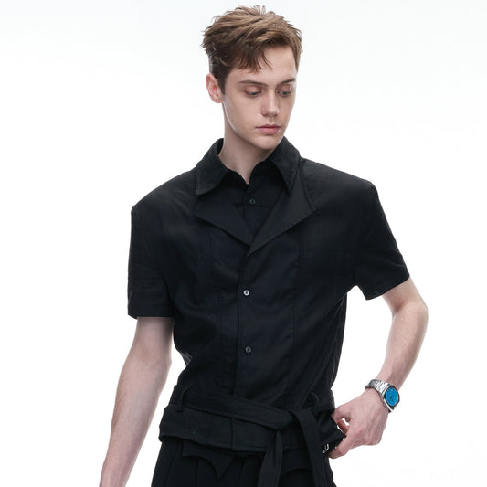 Fake Layered Embroidery Linen Waist-Tie Short Sleeve Shirt WN27030