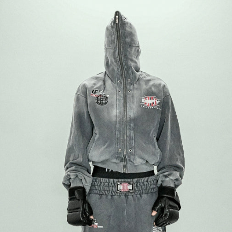 Graphic Print Zipper Hoodie & Washed Eyelet Pants Setup WN20837