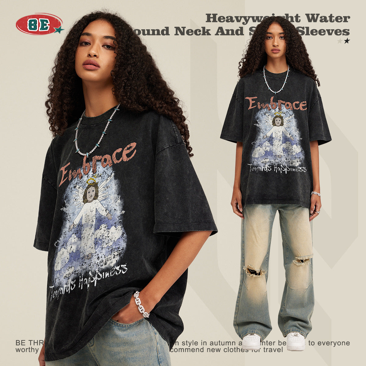 Oversize Angel Print Round Neck Short Sleeve T-Shirt WN7893