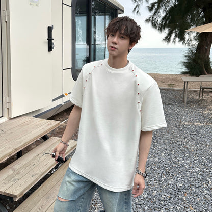 Studs Detail Shoulder-Pad Short Sleeve T-Shirt WN25372