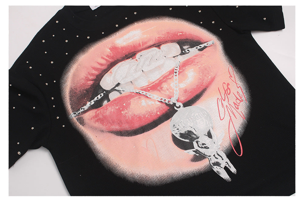 Studs Lip Skull Graphic Short Sleeve T-Shirt WN26419