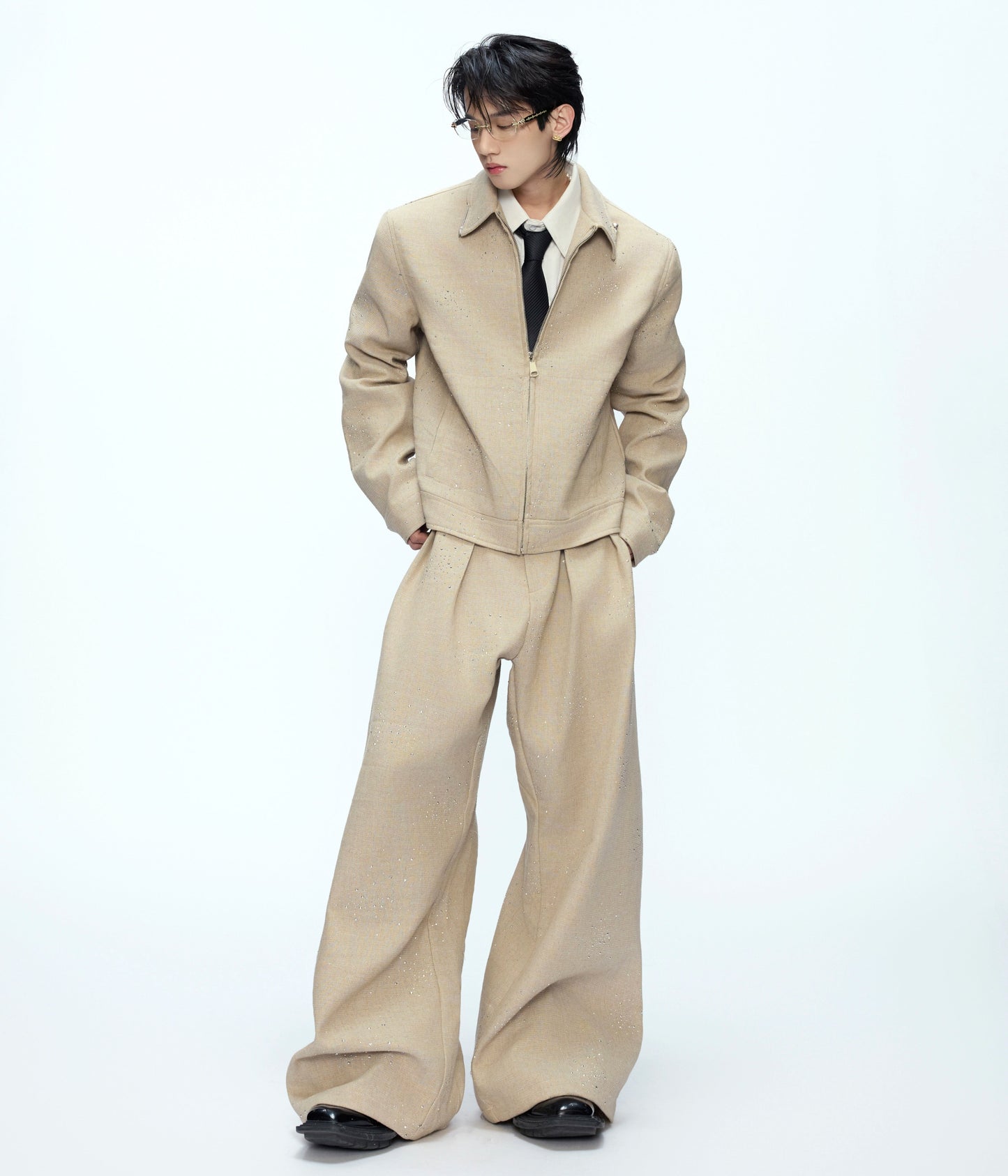 Rhinestone Decor Zipper Jacket & Wide Leg Pants Setup WN21228