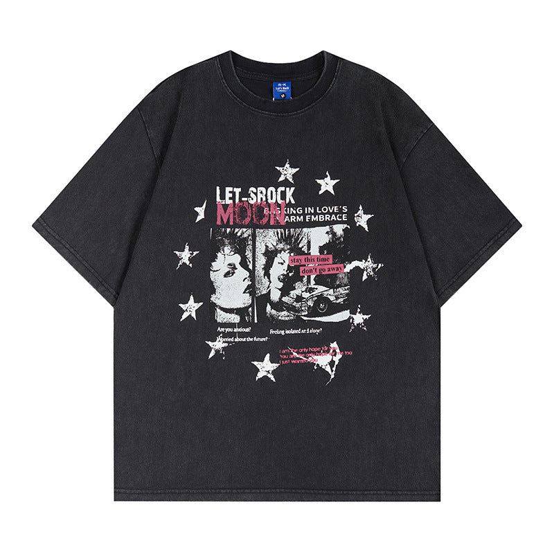 Washed Portrait Letter Print Short Sleeve T-Shirt WN25399
